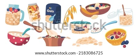 Set Oatmeal Breakfast, Porridge, Oat Flakes In Box, Bowl With Fruit and Berries in Milk, Jar Of Granola. Healthy Food, Grains, Ripe Plant, Spoon with Nourishment Concept. Cartoon Vector Illustration .