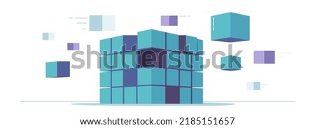 Big Data Processing Center, Cube Or Box Block Chain. Cloud Database, Server, Data Transmission Technology. Synchronizing Personal Information. Machine Learning Algorithms. Cartoon Vector Illustration