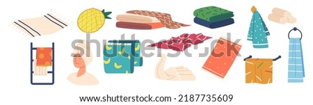 Set of Towels, Isolated Terrycloth, Home Textile Rolled, Folded And Stacked In Piles. Clean Bathroom Domestic Or Hotel Stuff For Hygiene, Spa And Shower Procedures, Terry. Cartoon Vector Illustration