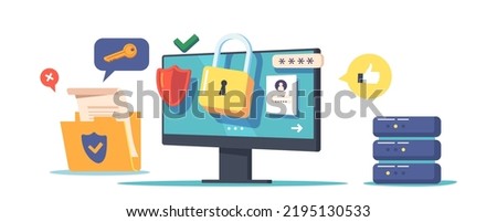 Computer Security, Privacy Data Protection in Internet, Virtual Private Network Concept. Pc Desktop with Shield and Lock on Screen, Protected Archive Folder. Cartoon People Vector Illustration