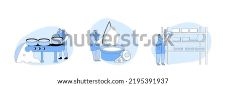 Set Workers Decant Dairy Mass in Professional Factory Equipment and Put into Special Round Forms for Making Cheese Blocks. Different Types of Cheese Lying on Shelves Cartoon People Vector Illustration