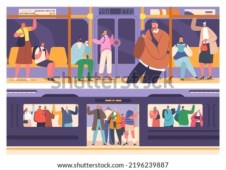 People Crowd Riding Subway Train, Passengers Standing, Sitting, Reading and Use Phones in Underground Urban Public Transport Metro. Characters In Underpass Transportation. Cartoon Vector Illustration