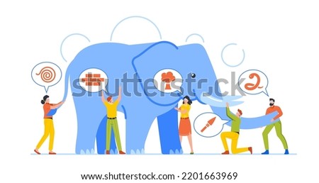 Different Perceptions Concept. Blindfolded Business People Touching Elephant Body Parts Blind Characters Ideas, Viewpoint, Impression, Opinions And Standpoints. Cartoon People Vector Illustration