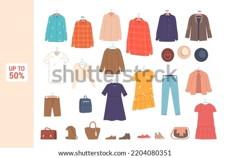 Seasonal Sale or Discount Banner with Apparel, Shoes and Accessories on Hangers. Promotion for Buying Low Price Purchases. Black Friday Shopping Day, Gift Coupon or Card. Cartoon Vector Illustration