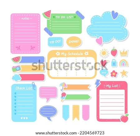 Cartoon Task Planners, Cute Paper Sticky Notes, Banners, To Do List Or Memo Message Notepads Paper Sheets. Blank Schedule. Bookmarks. Colorful Notepaper for Kids, School or Office Isolated Vector Set