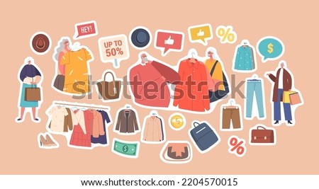 Set of Stickers Senior People Choosing Fashioned Dress in Store, Aged Man and Woman Buying Garment, Hanger with Clothes. Old Characters Shopping Spare Time, Hobby. Cartoon Vector Illustration, Patches