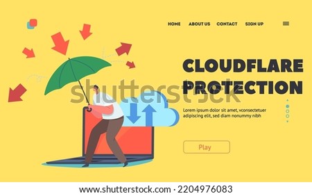 Cloudflare Protection Landing Page Template. Hacker Attack And Safety Digital Technology Concept. Man with Umbrella Protect Computer, Guard Character Protect Data Cloud. Cartoon Vector Illustration