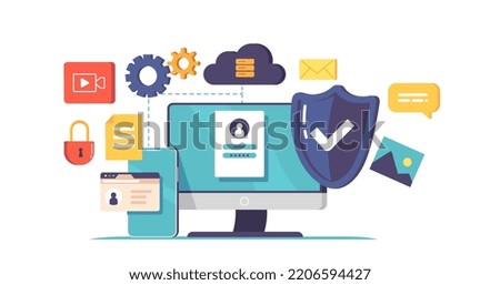 Cyber Security, Computer Protection, Data Privacy in Internet, Virtual Private Network Concept. Desktop with Shield and Lock on Screen, Protected Files and Folders. Cartoon People Vector Illustration