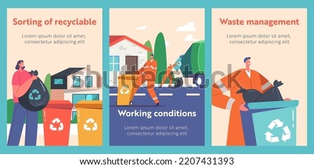 Waste Management Cartoon Banners. Scavengers in Uniform Collect Litter to Truck, Woman Throw Garbage into Recycling Bins on Street. Rubbish Recycling, City Cleaning Service Vector Illustration, Poster