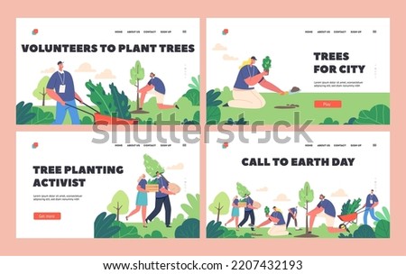 Earth Day Landing Page Template Set. Volunteer Characters Plant Trees. People Working in Garden, World Environment, Reforestation, Save Planet, Forest Restoration Concept. Cartoon Vector Illustration