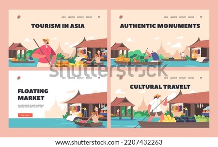 Floating Market Landing Page Template Set. People Sell Goods in Thailand Water Fair. Characters Moving on Boats by River Offer Fruits, Flowers or Clothes to Customers. Cartoon Vector Illustration