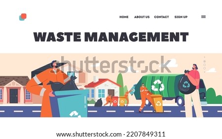 Waste Management Landing Page Template. Scavengers in Uniform Collect Litter to Truck on Street. Rubbish and Waste Recycling, City Cleaning Service Employees Work Process. Cartoon Vector Illustration