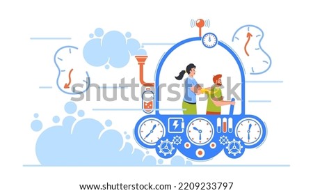 Business Characters Team Going To the Future Or Past In Time Machine. Man and Woman Colleagues Sit in Mechanism or Capsule Cockpit Flying for Changing History. Cartoon People Vector Illustration