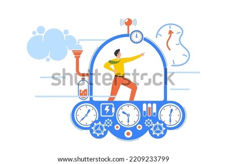 Business Character Flying In Time Machine Pointing Ahead with Hand. Man Going To the Future Or Past for Changing History Developments And Finding Solutions. Cartoon People Vector Illustration