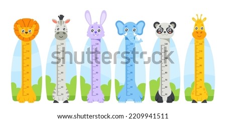 Kids Height Chart with Cute Lion, Zebra, Rabbit, Elephant, Panda, Giraffe Animals Characters. Children Growth Meter, Wall Sticker For Height Measurement Funny Rulers. Cartoon Vector Illustration