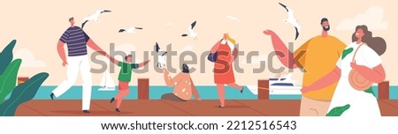 Happy Characters Walking along Embankment with Seaview and Floating Yacht. Family, Parents with Children, Couples Spend Time Outdoors on Weekend Walking along Quay. Cartoon People Vector Illustration