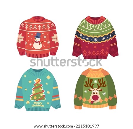Set of Cute Ugly Christmas Sweaters with Snowman, Deer and Xmas Tree. Blue, Red And Green Winter Jumpers with Traditional Decor, Warm Knit Pullovers on White Background. Cartoon Vector Illustration