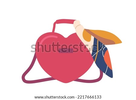 Woman Bags or Clutch in Shape of Heart with Scarf and Long Belt Isolated on White Background. Modern Trendy Accessory, Female Leather Bag Design, Handbag Fashion for Girls. Cartoon Vector Illustration