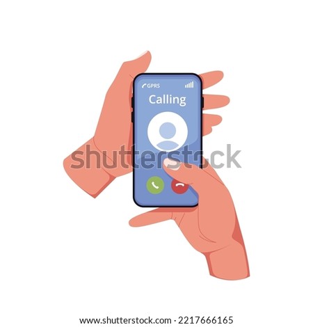 Hand Holding Mobile Phone in Vertical Position Isolated On White Background. Human Palms with Smartphone Push Button for Making or Delay Call. Cellphone Communication. Cartoon Vector Illustration
