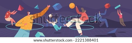 Metaverse Augmented Reality Concept. People Wear Vr Glasses And Headset Connected To Virtual Reality Space. Characters Immersion Into Cyberspace Digital Platform. Cartoon People Vector Illustration