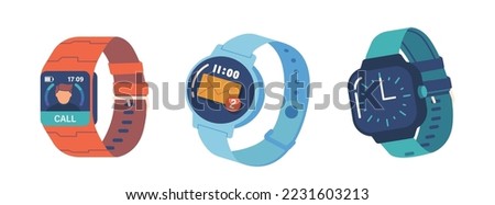 Fitness Trackers, Smart Watches with Call or Sms Notification on Display. Modern Devices, Smartwatch Electronic Gadgets For Health Monitoring Isolated on White Background. Cartoon Vector Illustration