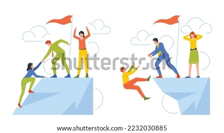 Business Support and Loss Concept. Characters Climb the Mountain Top and Fall Down from Rock Edge. Corporate Help, Assistance or Failure. Employees Cooperation. Cartoon People Vector Illustration