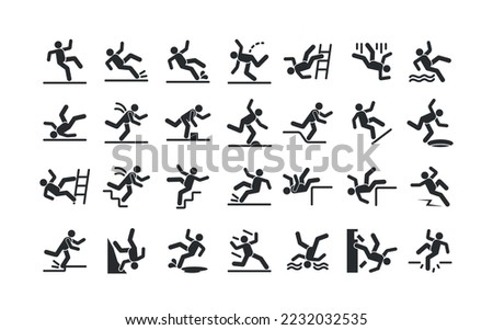 Set Of Caution Symbols With Stick Figure Man Falling from Ladder, Slip on Wet Floor, Fall Down The Stairs And Over The Edge. Workplace Safety Warning. Vector Illustration Isolated On White Background