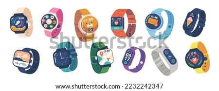Set of Smart Watches, Fitness Trackers for Kids and Adults with Digital Display and Silicone Bracelets. Innovative Technology Devices, Smartwatch Modern Electronic Gadgets. Cartoon Vector Illustration