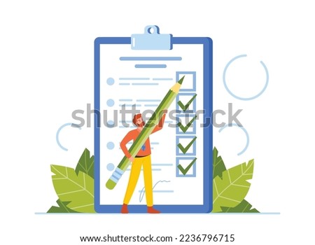 Tiny Male Character Filling Huge Form Putting Tick Marks into Boxes on List. Benchmarking, Questionnaire, Test or Report Concept. Person Fill Survey Checklist. Cartoon People Vector Illustration