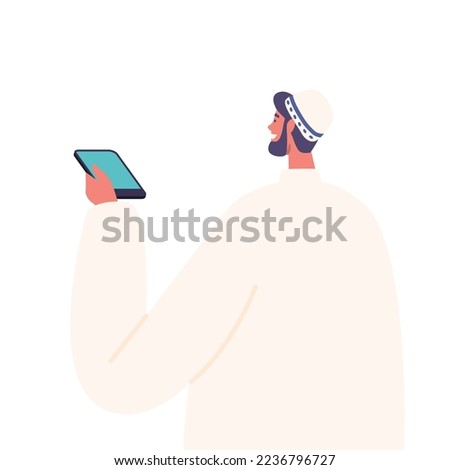 Arab Journalist Male Character Holding Dictaphone, Muslim Reporter Interviewing Rear View. Media Person on Press Conference or Briefing Isolated on White Background. Cartoon People Vector Illustration
