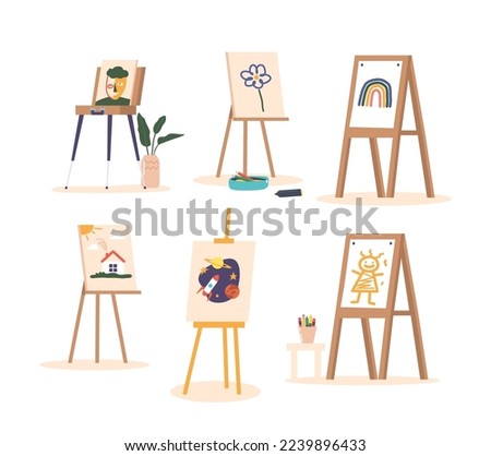 Set of Canvas on Easels with Kids Drawing Flower, Space, Rainbow, House, Portrait and Human Isolated on White Background. Art Studio, School or Workshop Equipment. Cartoon Vector Illustration
