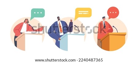 Political Candidates Speaking Behind the Desks during Debate Isolated Round Icons or Avatars. Orators Fighting For Leadership, Male and Female Characters Speakers. Cartoon People Vector Illustration
