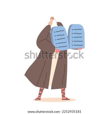 Moses With Ten Commandments, Biblical Story Concept. Prophet Moses Character Demonstrate To People Of Israel Stone Tablets Receiving From God Isolated on White Background. Cartoon Vector Illustration