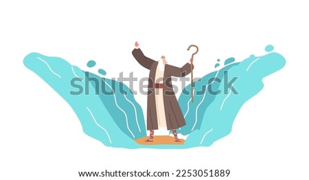 Biblical And Religion Series of Moses Exodus Route. Moses Held Out His Staff And The Red Sea Was Parted By God. Part Of Biblical Narrative Escape Israelites. Cartoon Vector Illustration