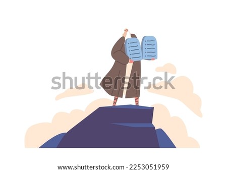 Biblical Stories Concept. Moses Standing On Mountain With Ten Commandments. Prophet Moses Character Demonstrate To People Of Israel Stone Tablets Receiving From God. Cartoon Vector Illustration