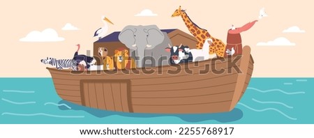 Genesis Flood Narrative Scene with Ark and Noah Letting Dove Fly into Sky. Majestic Ship with Saved Animals Sailing on Endless Water Surface under Clear Sky. Cartoon People Vector Illustration