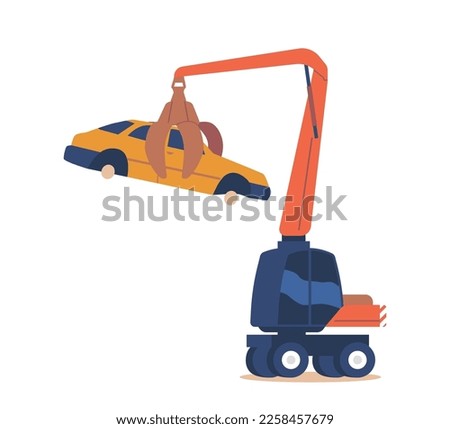 Crane Manipulator Machine Lifting and Moving Car without Wheels. Transport Equipment for Moving Scrap Metal. Disposal of Crashed Auto Isolated Icon on White Background. Cartoon Vector Illustration