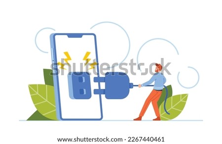 Tiny Male Character Disconnecting From Huge Phone. Concept Of Taking Break From Technology, Simplifying And Taking Control Of One's Life. Unplugged Man with Mobile. Cartoon People Vector Illustration Foto stock © 