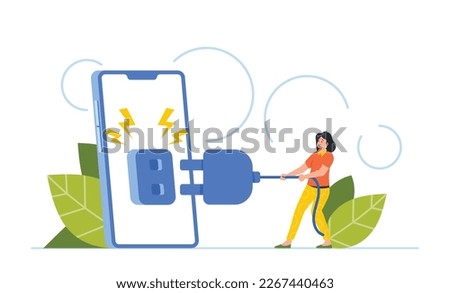 Tiny Woman Shutting Off Huge Phone Putting Aside Technology To Connect With The World Around. Concept of Importance Of Disconnecting To Connect With The Real Life. Cartoon People Vector Illustration Foto stock © 