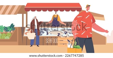 People Shopping Goods at Outdoor Food Market. Characters Buying Fresh Seafood and Vegetables. Shoppers Purchase Farm Products in Vibrant Atmosphere Of Community In The Air. Cartoon Vector Illustration