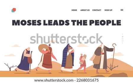 Moses Leads the People Landing Page Template. Biblical Prophet Guides Israelites Through Desert, Character with Raised Staff In Hand and Crowd Follows To Promised Land. Cartoon Vector Illustration