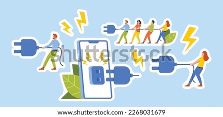 Set of Stickers Digital Detox Theme. Tiny People Pull Plug Turning Off Huge Phone Disconnecting From Technology, Importance Of Unplugging And Taking Break. Cartoon Vector Illustration Patches