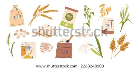 Set of Cereal Products, Various Breakfast Grains, Stalks, Boxes, and Sacks with Flour for Advert, Packaging, Menu Design. Cereal Crops Variety For Balanced, Healthy Meal. Cartoon Vector Illustration