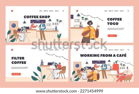 People in Cafe Landing Page Template Set. Customers in Coffee Shop Sipping Coffee, Working on Laptops