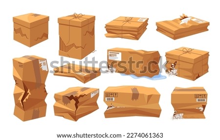 Set of Damaged Cardboard Boxes Isolated on White Background. Broken Boxes with Bent Edges, Torn Sides, Dented Corners