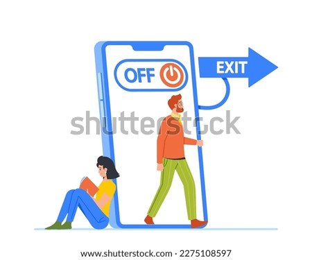 Digital Detox Concept with Tiny People Exit Huge Phone and Leaving Out for Having Break. Disconnecting From Tech Concept