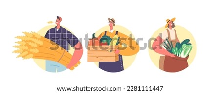 Farmer Characters with Crop of Fresh Greens, Wheat and Vegetable in Hands Isolated Round Icons or Avatars