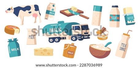 Milk And Dairy Products Icons Set. Fresh, High-quality Dairy Items Such As Cheese, Yogurt, Butter, And Milk Truck