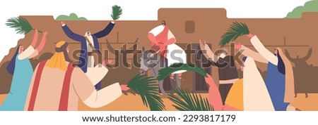 Biblical Scene Jesus Character Arrives Triumphantly In Jerusalem On A Donkey, While The Crowd Lays Down Palm Leaves