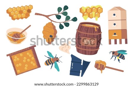 Apiary Items Set. Smoker, Hive, Barrel, Queen And Bee, Honey Dipper Or Frame. These Essential Tools Vector Illustration